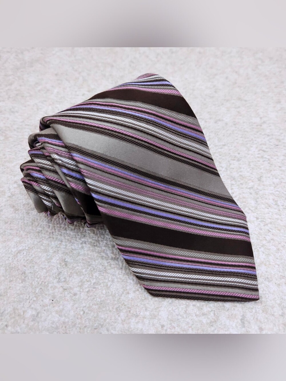 John W Nordstrom Silk Tie Silver Purple Pink Brown Repp Stripes 60" x 3.5" USA